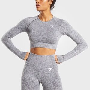 GymShark: Vital Seamless Long Sleeve Crop Top, Smokey Grey Marl, Size M